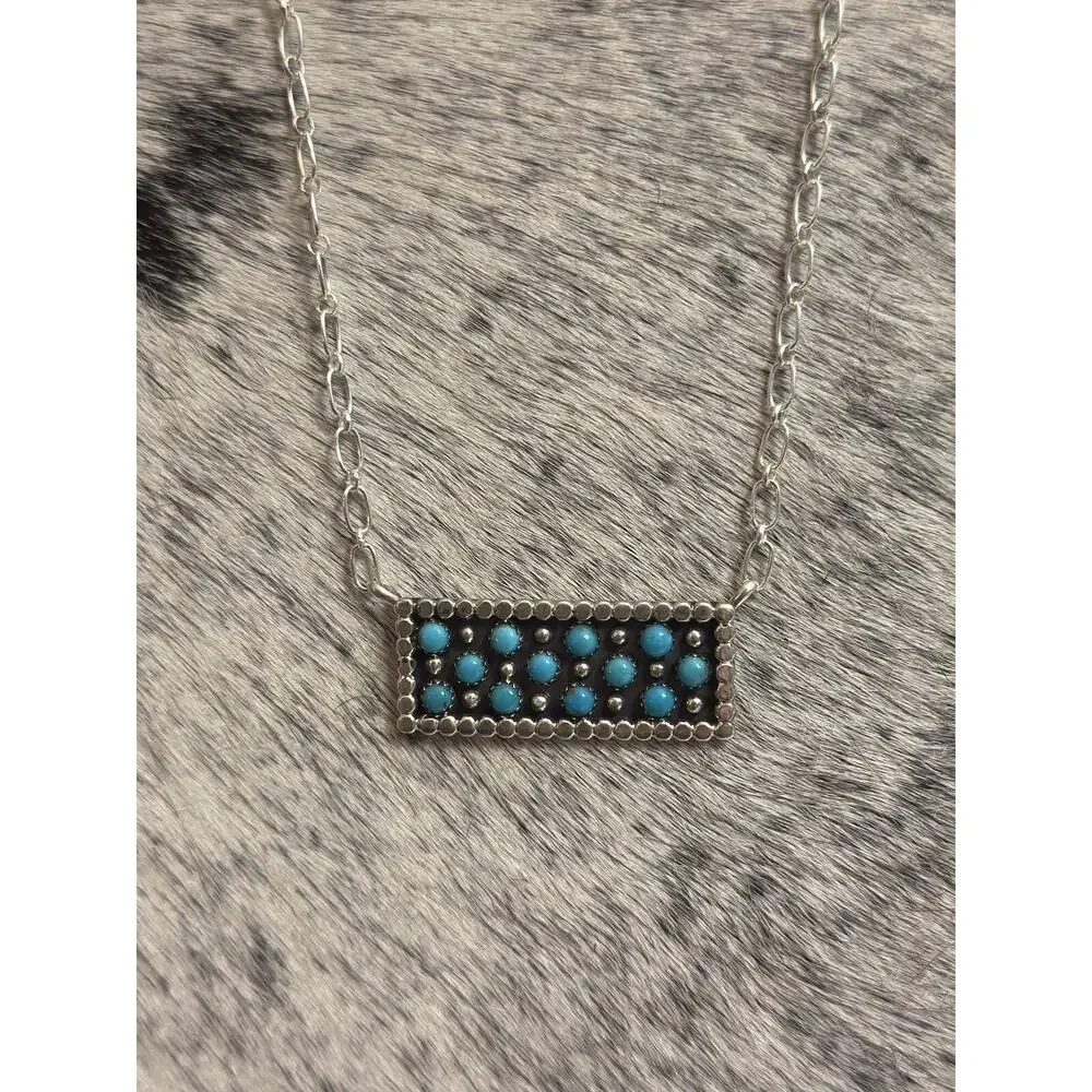 Native Navajo Handmade Sterling Kenny Longjose Kingman Turquoise Bar Necklace - Picture 7 of 10
